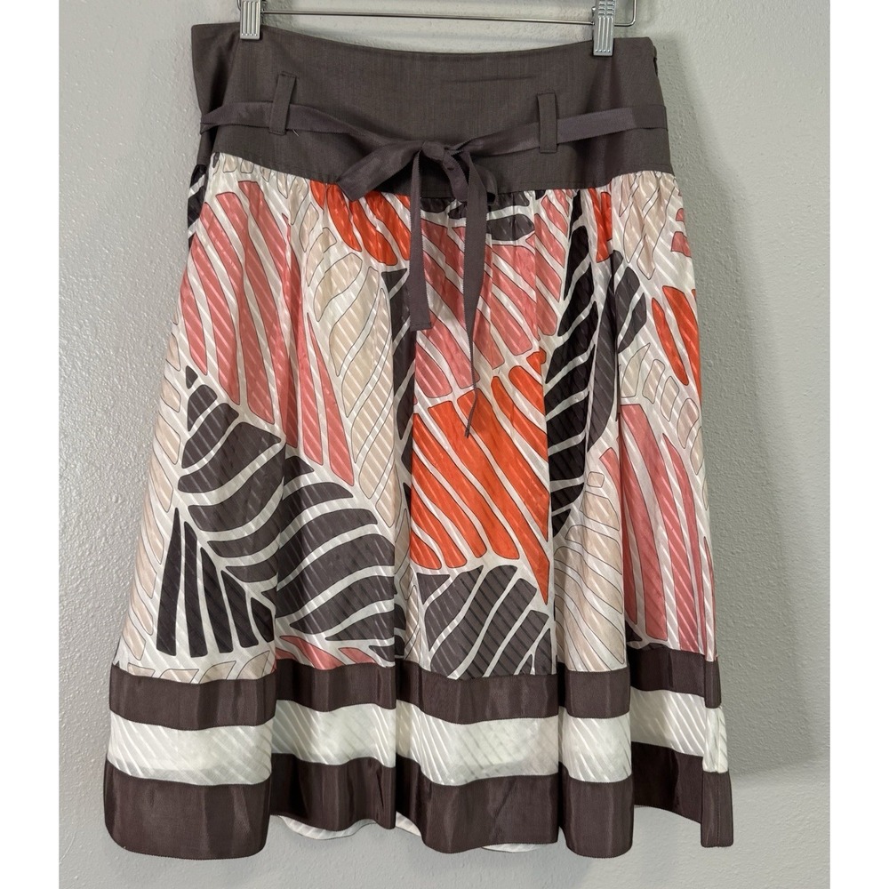 Silk Cotton Tropical Leaf A-Line Midi Skirt Tie Waist Zip Side Office  Boho 12